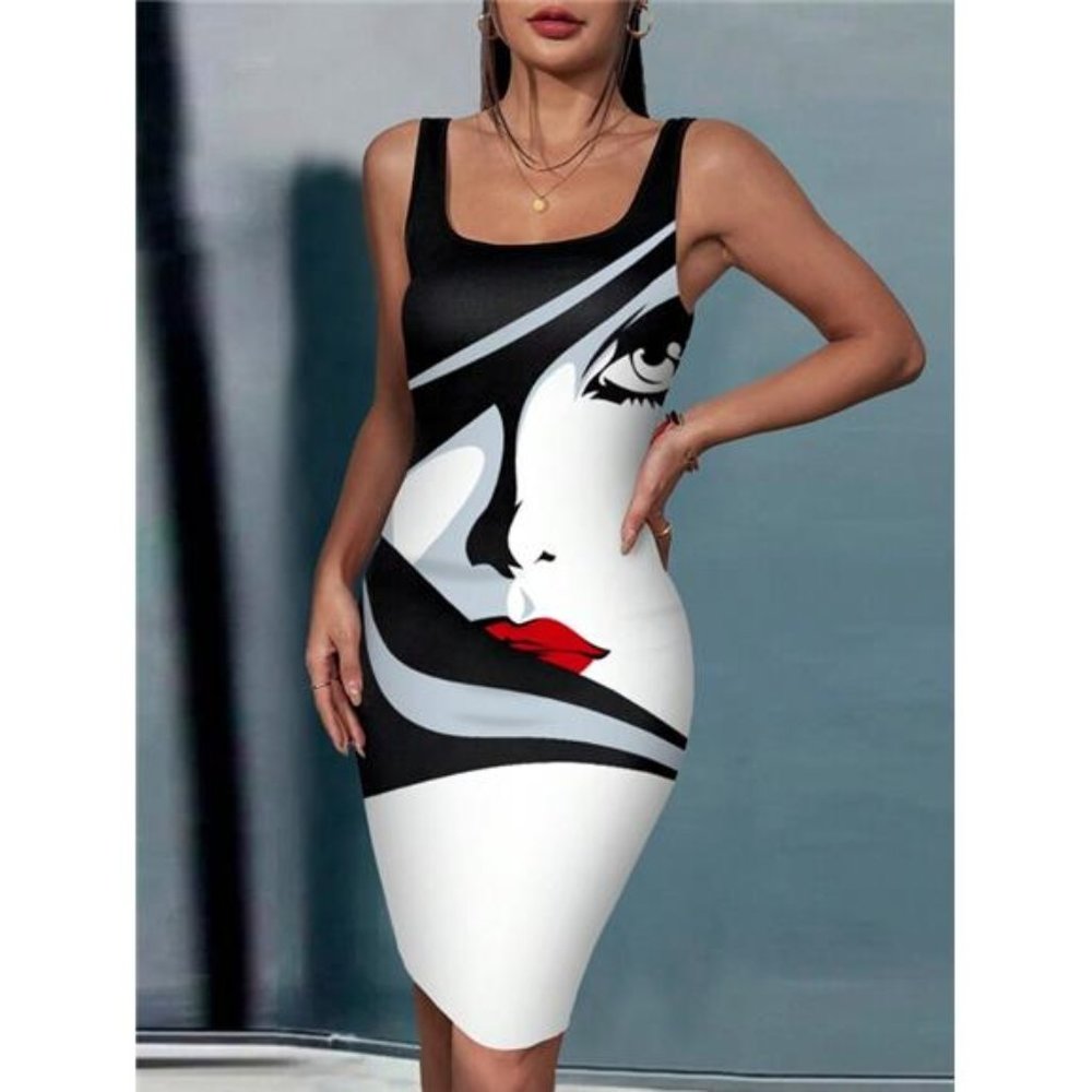 Contrast Color Patchwork Figure Print Bodycon Dress - Picture 5 of 6